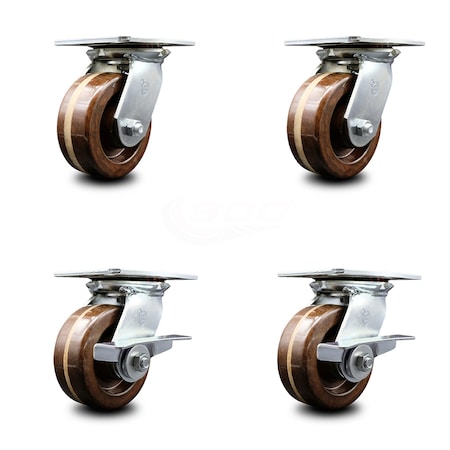 5 Inch High Temp Phenolic Swivel Caster Set With Roller Bearings 2 Brakes SCC